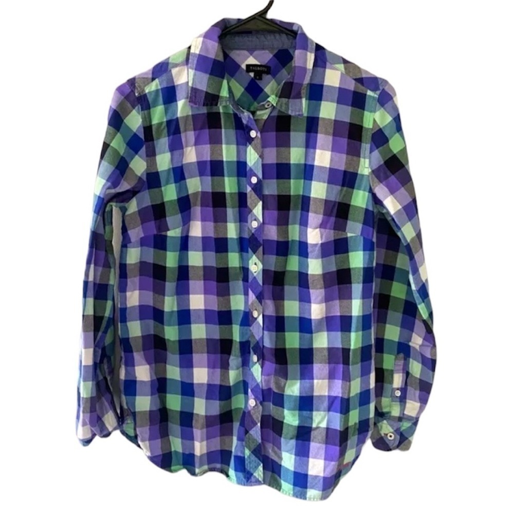 Talbots Purple Green Check Colorful Lightweight Spring Button Up Shirt Sz Small